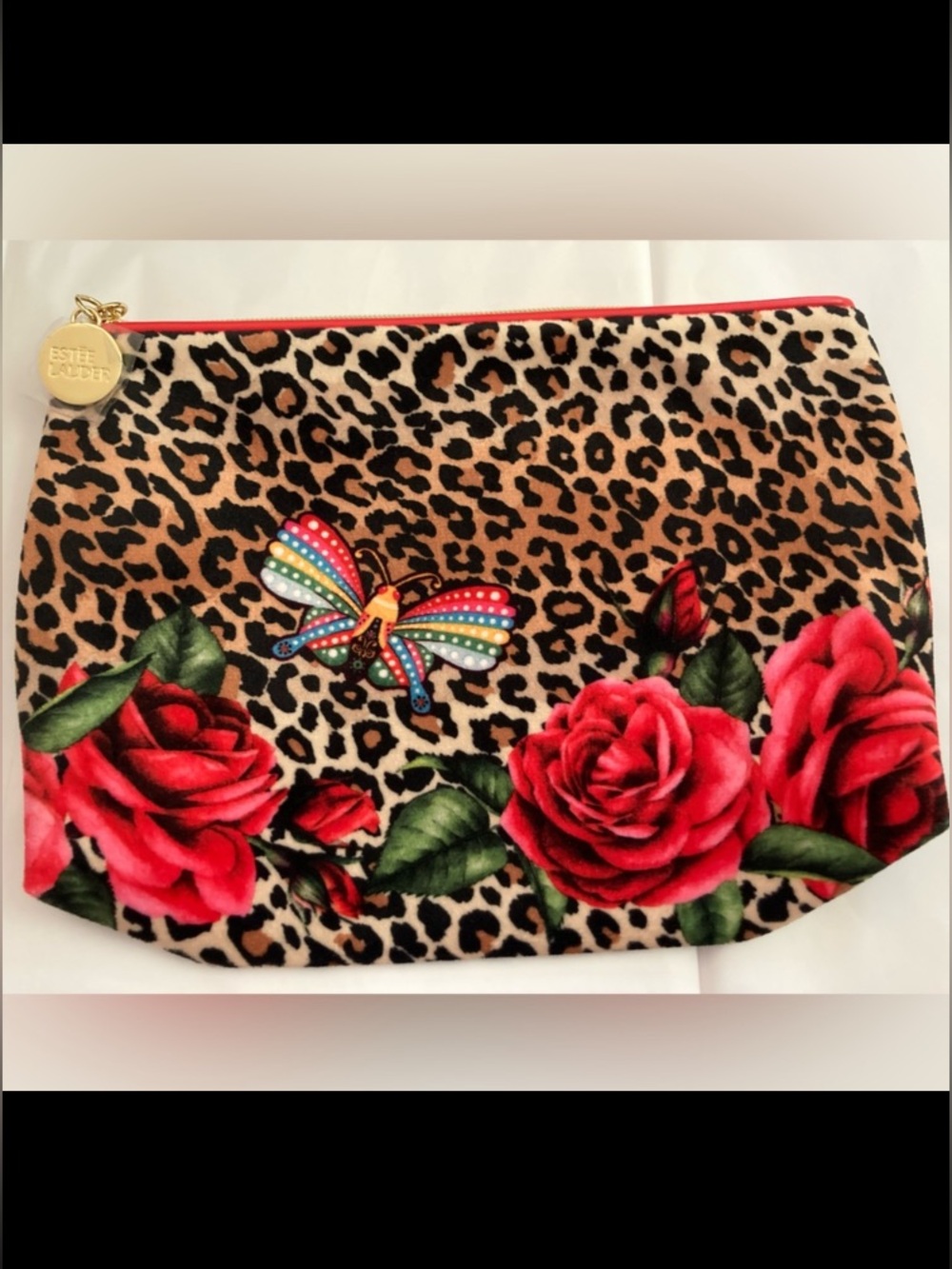 NEW Estée Lauder leopard butterfly roses print cosmetic bag velvet feel